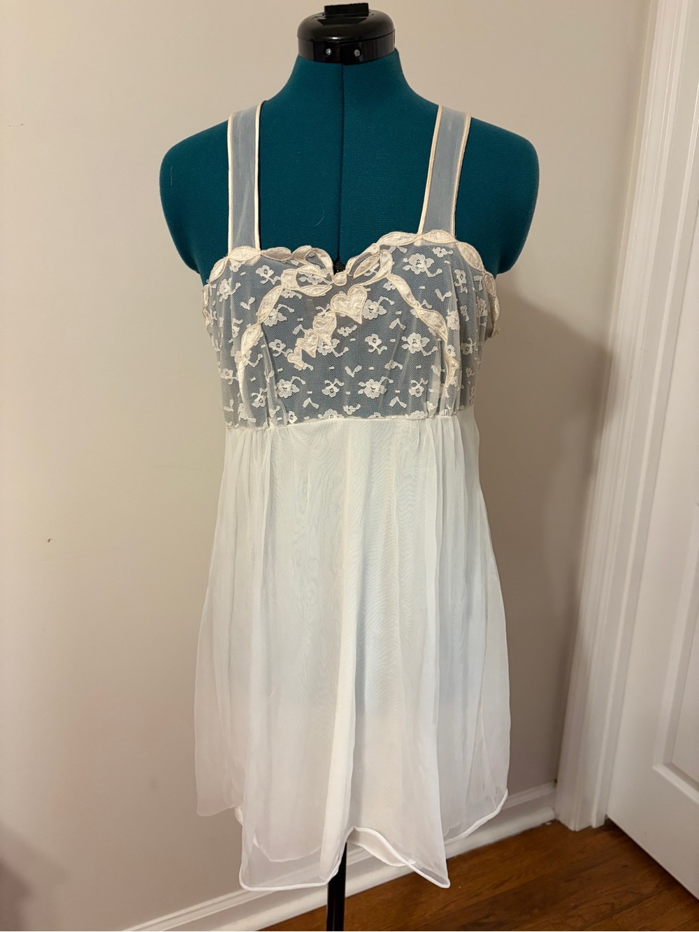 Vintage Sheer Lace Empire Waist Slip Dress in Ivory